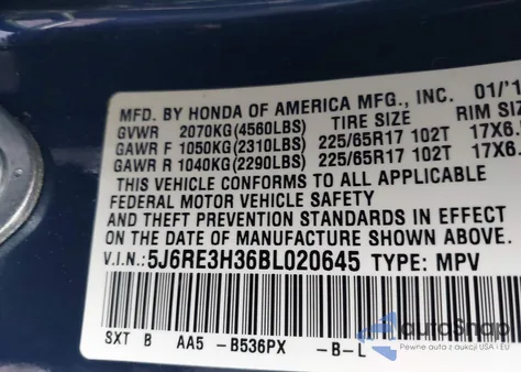 2011 Honda Cr-V Lx from USA, damaged, VIN 5J6RE3H36BL020645